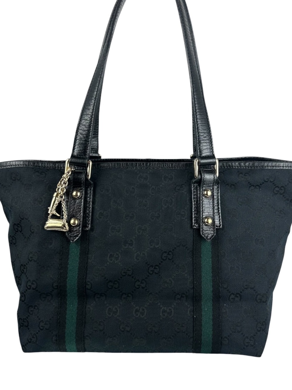 Gucci GG Canvas Web Stripe Tote Bag Black Leather Trim GHW